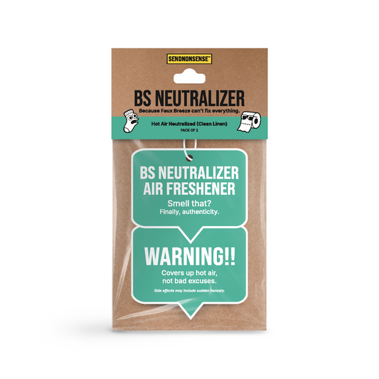 Packaged air freshener labeled 'BS Neutralizer' with humorous text on a white background.