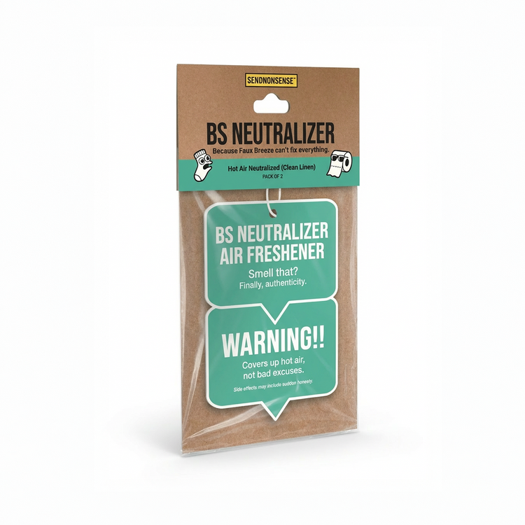 BS Neutralizer air freshener packaging with humorous text front and back