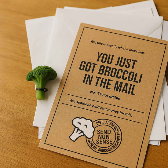 Funny “Broccoli by Mail” gag gift certification card with official-looking authenticity text inside envelope mailer