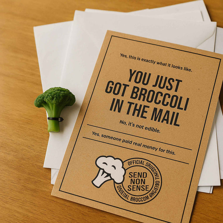 Funny “Broccoli by Mail” gag gift certification card with official-looking authenticity text inside envelope mailer