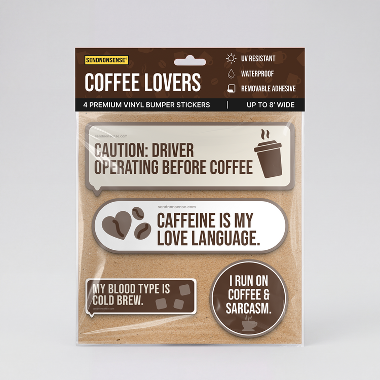 Coffee Lovers Vinyl, UV, Bumper Stickers | Funny Coffee Gift – 4 Pack