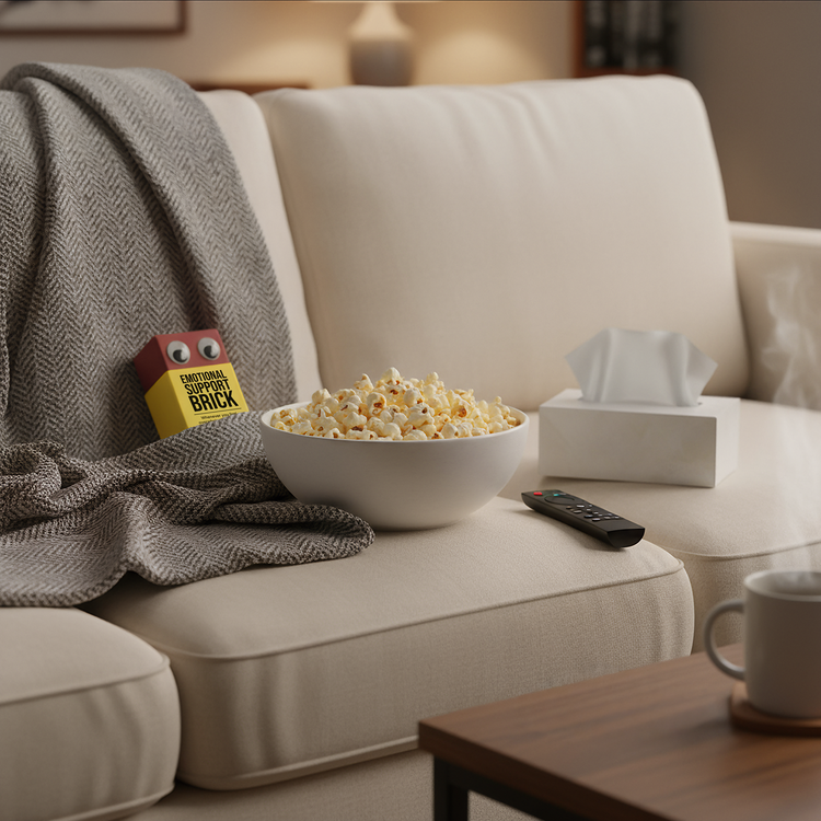 “Emotional Support Brick” novelty gag gift from SendNonsense on sofa beside popcorn bowl and blanket, funny relaxation vibe
