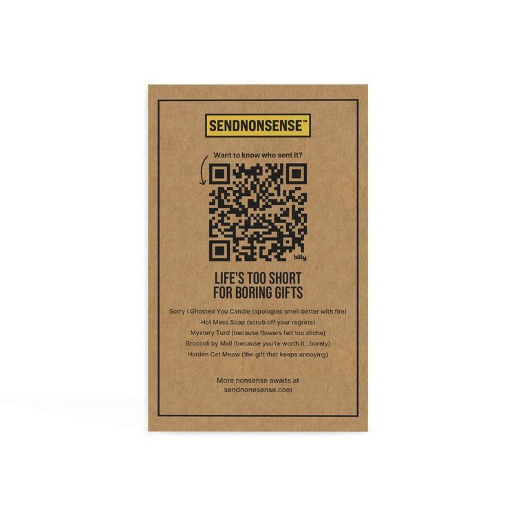 Funny “Emotional Support Brick” gag gift insert card with reveal-sender QR code and humorous care instructions
