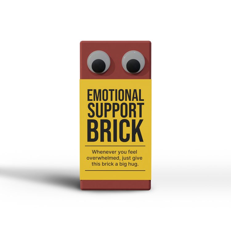 Funny “Emotional Support Brick” gag gift with googly eyes and yellow label reading “Whenever you feel overwhelmed, hug this brick”