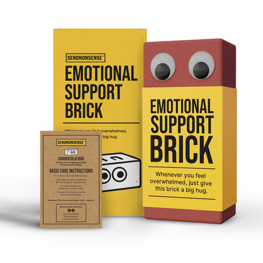 “Emotional Support Brick” novelty gag gift from SendNonsense featuring brick with googly eyes, box packaging, and card insert