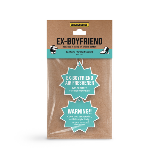 Ex-boyfriend air freshener packaging with humorous text on a white background.