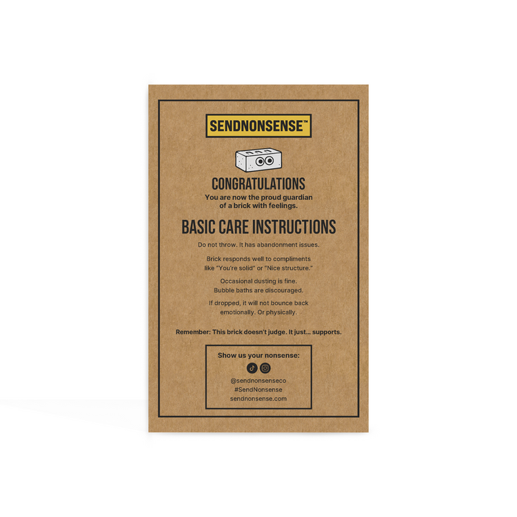 Funny “Emotional Support Brick” gag gift care instructions card with humorous guidance from SendNonsense about brick support