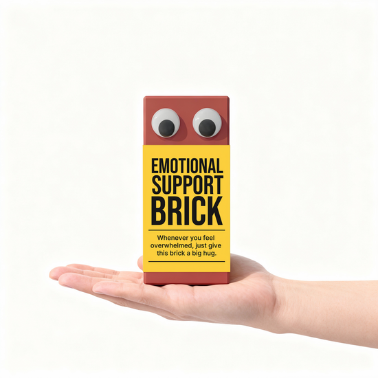 “Emotional Support Brick” novelty gag gift from SendNonsense with googly eyes and yellow label, funny stress relief item in hand