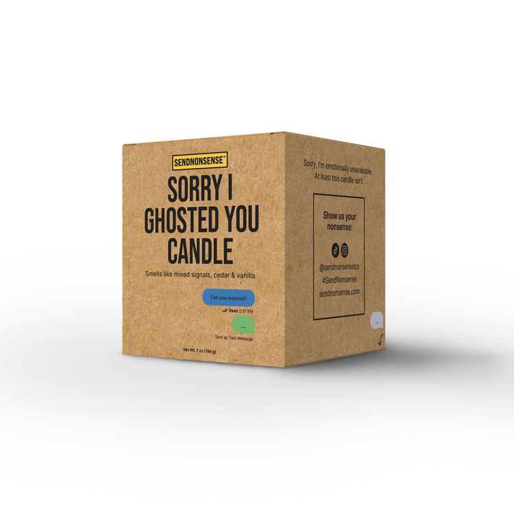 “Sorry I Ghosted You” candle gag gift from SendNonsense shown, side of box with additional humor
