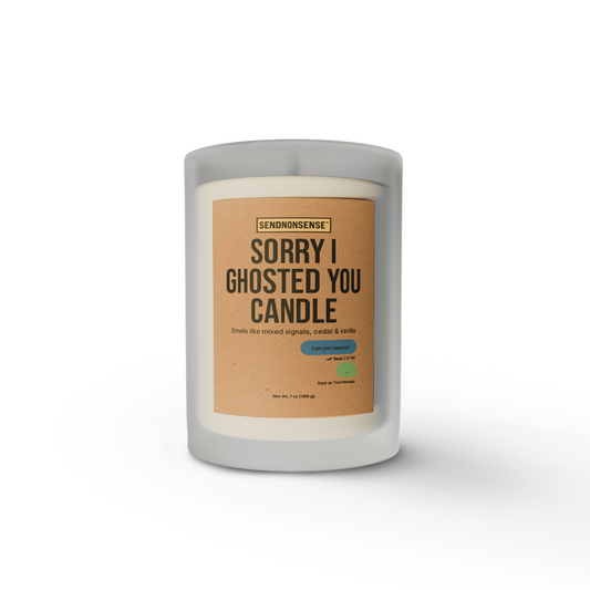 “Sorry I Ghosted You” gag gift candle from SendNonsense with humorous brown label, cedar vanilla scent, breakup novelty gift