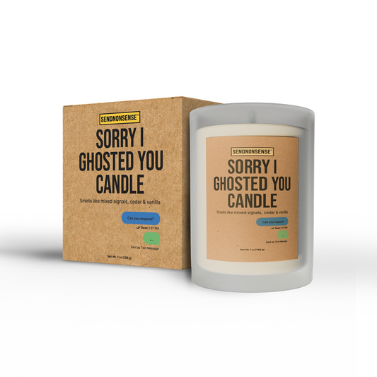 “Sorry I Ghosted You” gag gift candle from SendNonsense with humorous brown label, cedar vanilla scent and kraft box package design