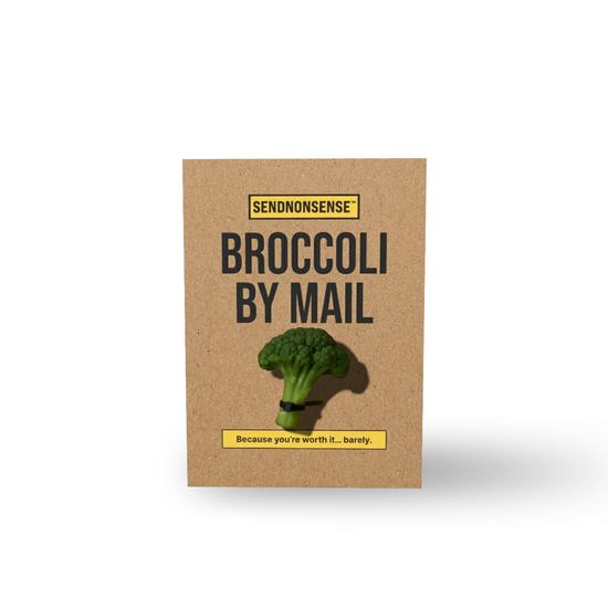 Card with a broccoli on it and text 'Broccoli by Mail' on a white background
