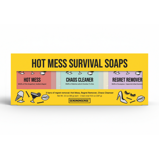 Box of Hot Mess Survival Soaps with colorful labels on a white background