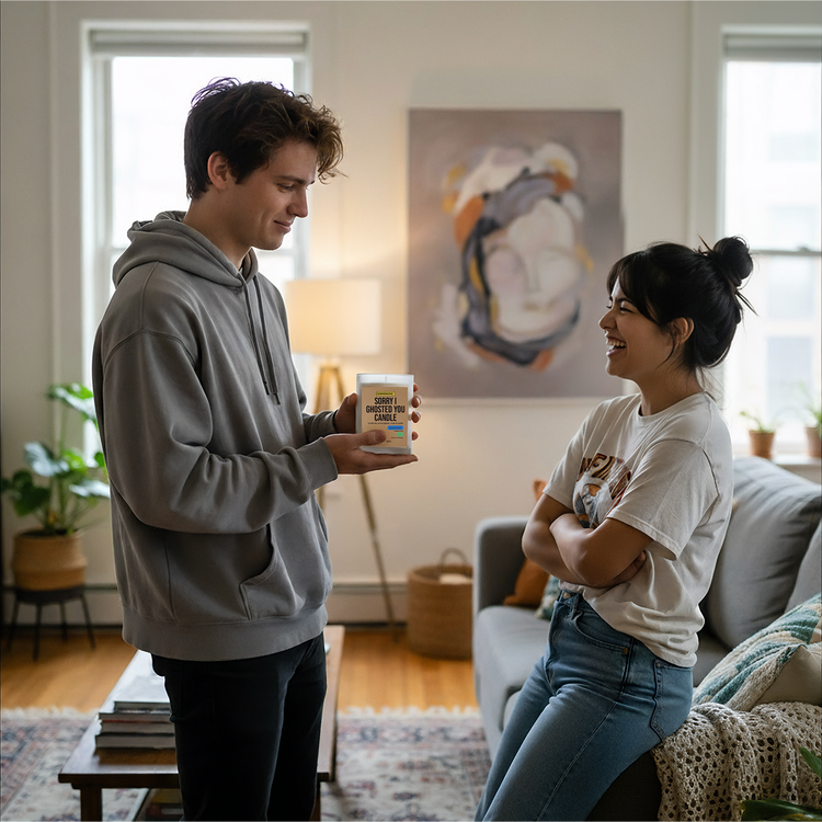 “Sorry I Ghosted You” candle gag gift from SendNonsense shown in cozy living room, funny novelty apology candle for couples