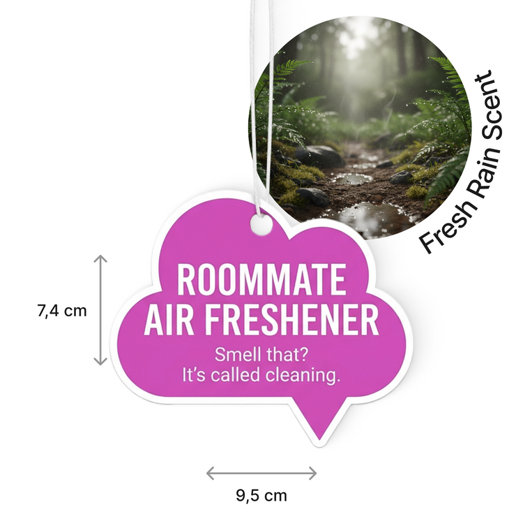 'Roommate' air freshener with fresh rain scent, and dimensions