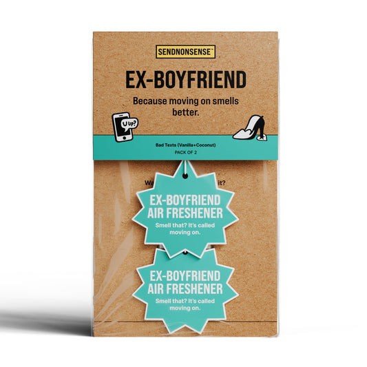Funny “Ex-Boyfriend” air freshener gag gift packaging with humorous breakup design and white background