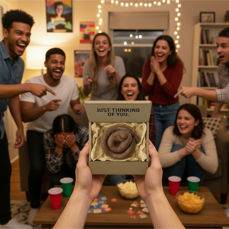 “Mystery Turd” prank gag gift box from SendNonsense opened during party, group of friends laughing at funny novelty poop joke