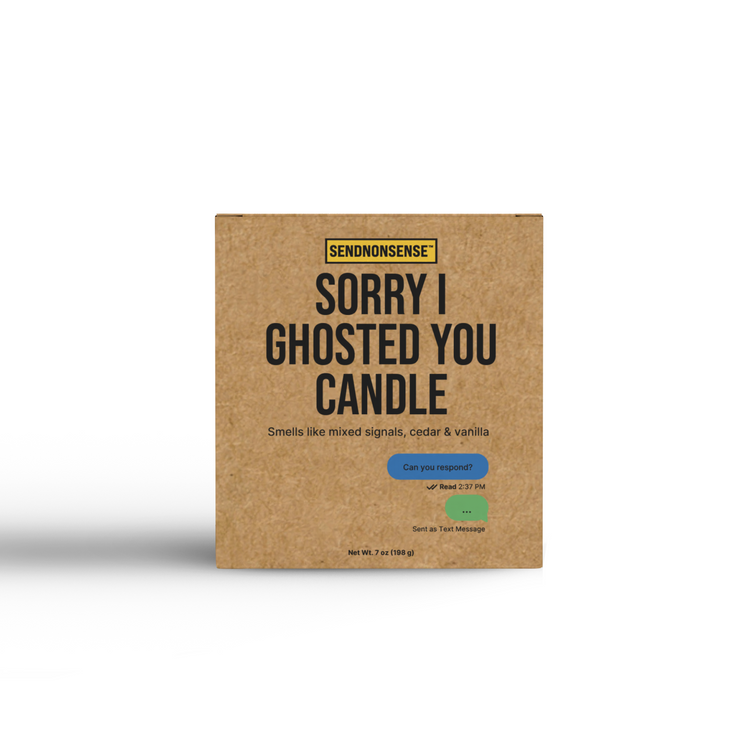 “Sorry I Ghosted You” candle gag gift from SendNonsense shown, front of box