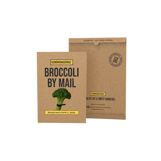 Funny “Broccoli by Mail” gag gift featuring realistic fake broccoli in envelope mailer, funny mail prank present