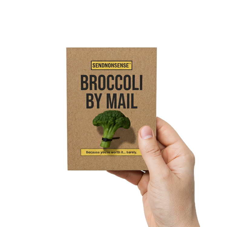 Funny “Broccoli by Mail” gag gift held in hand, featuring realistic fake broccoli