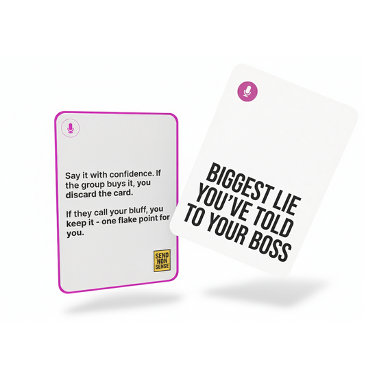 SendNonsense Bad Excuses game cards showing ‘Biggest lie you’ve told to your boss’ and instructions to say it with confidence or earn a flake point. Funny party card game for adults.