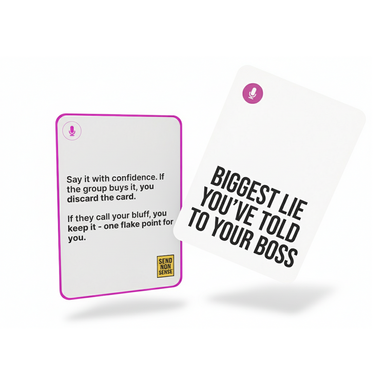SendNonsense Bad Excuses game cards showing ‘Biggest lie you’ve told to your boss’ and instructions to say it with confidence or earn a flake point. Funny party card game for adults.