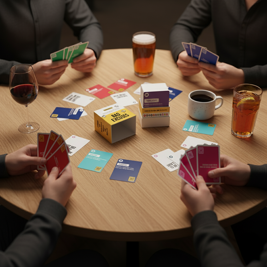 Group of friends playing SendNonsense Bad Excuses card game at a table with drinks. Colorful cards and the yellow and white game box are spread out, creating a fun, social party vibe.