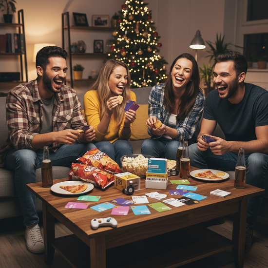 Four friends playing Bad Excuses from SendNosense in a cozy living room with a Christmas tree in the background.