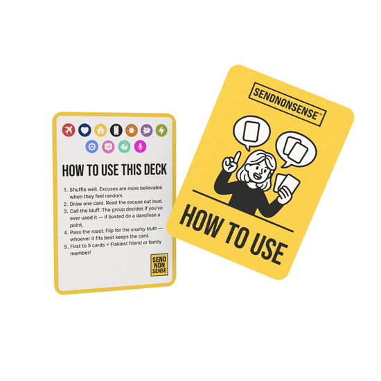 SendNonsense Bad Excuses card game rules card showing how to play this funny party deck