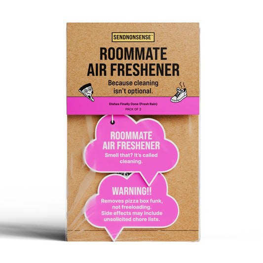 “Roommate” air freshener gag gift with pink and brown packaging design, funny novelty air freshener for friends
