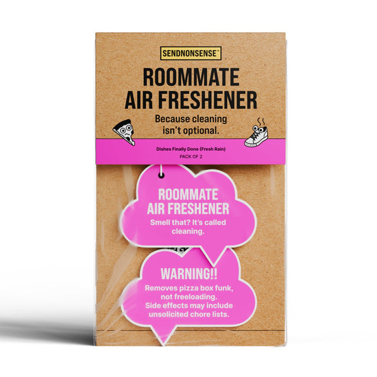 “Roommate” air freshener gag gift with pink and brown packaging design, funny novelty air freshener for friends