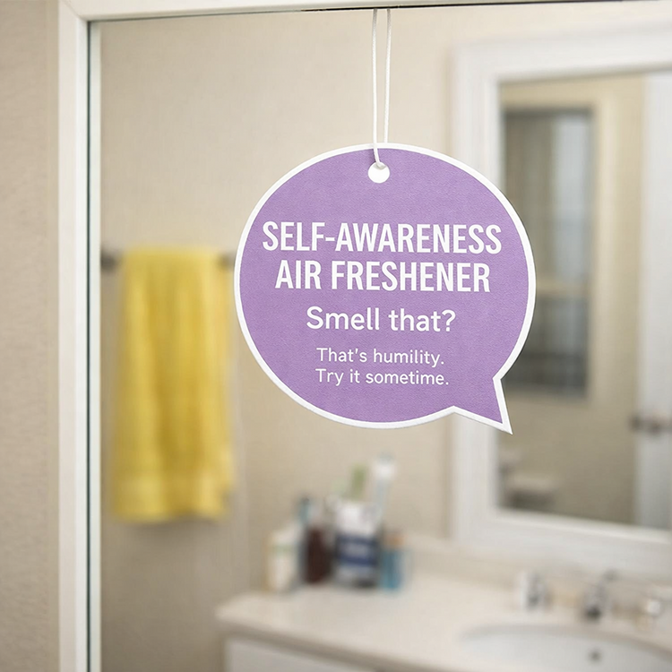 Bathroom setting with air freshener labeled 'Self-Awareness' hanging on the bathroom mirror