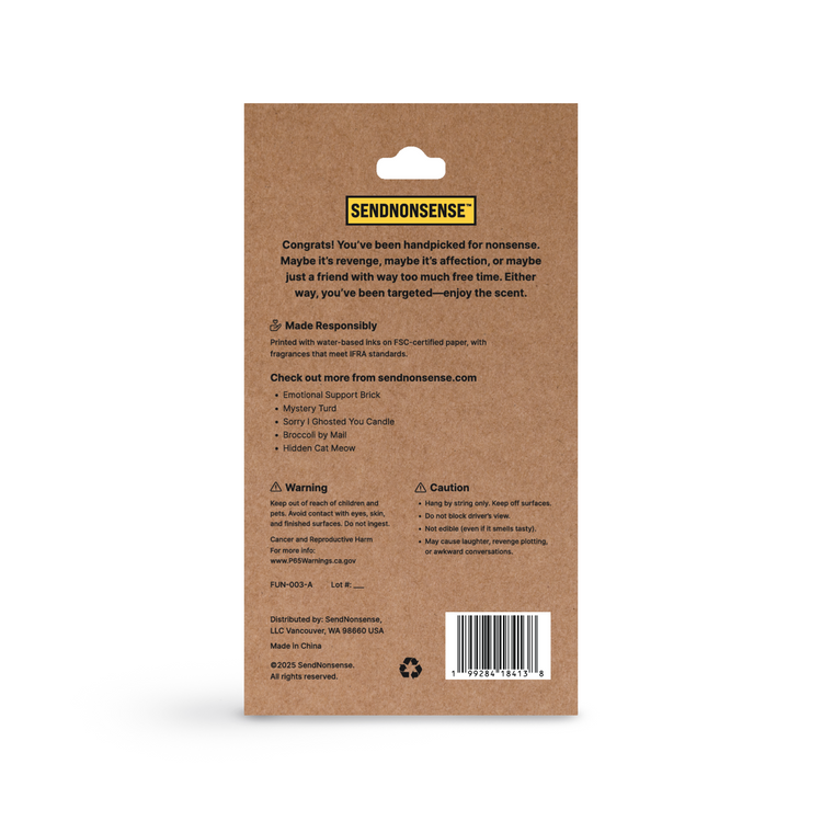 Back side card of packaging with text and branding