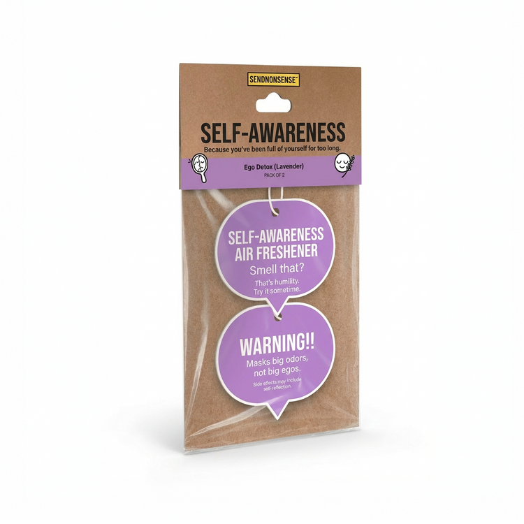 Packaged Self-Awareness air freshener with humorous text front and back
