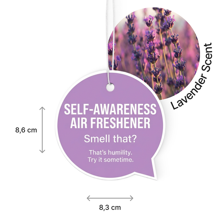 Self-awareness air freshener with lavender scent and dimensions on a white background
