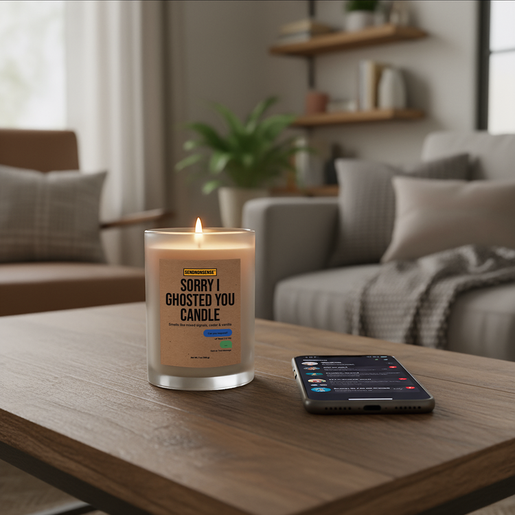 “Sorry I Ghosted You” candle gag gift from SendNonsense, lit on modern coffee table with phone nearby, funny breakup candle