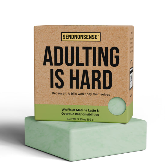 Funny “Adulting Is Hard” all natural gag gift soap with brown and green packaging, humorous scent