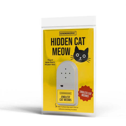 Product packaging for 'Hidden Cat Meow' with a yellow background and cat illustration.