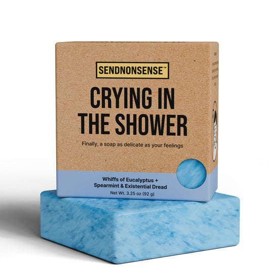 Crying in the Shower” gag gift soap bar from SendNonsense with eucalyptus spearmint scent and humor
