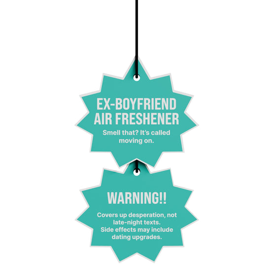 Funny “Ex-Boyfriend” air freshener gag gift with turquoise packaging, breakup humor text, and white background
