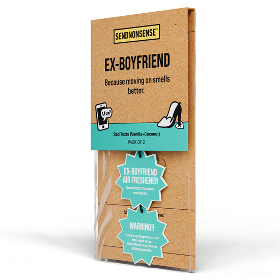 Funny “Ex-Boyfriend” air freshener gag gift packaging at 45 degree angle  humorous breakup design