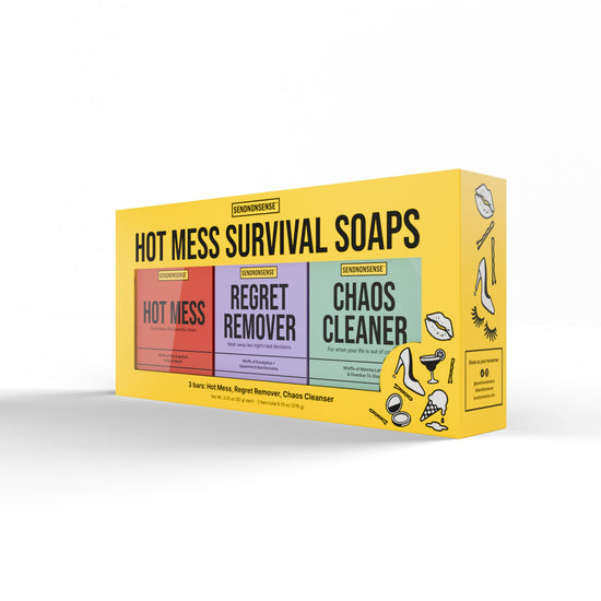 Funny “Hot Mess Survival Soaps” gag gift set with three bars labeled Hot Mess, Regret Remover, and Chaos Cleaner at angle