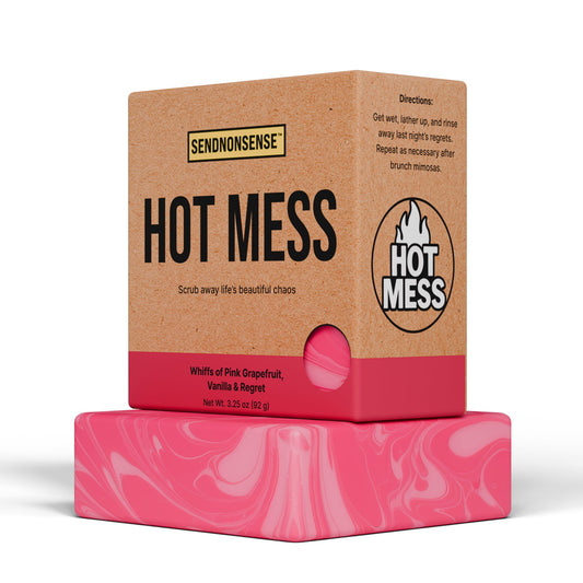 “Hot Mess” gag gift soap bar from SendNonsense, pink design, funny novelty packaging, summer citrus scent