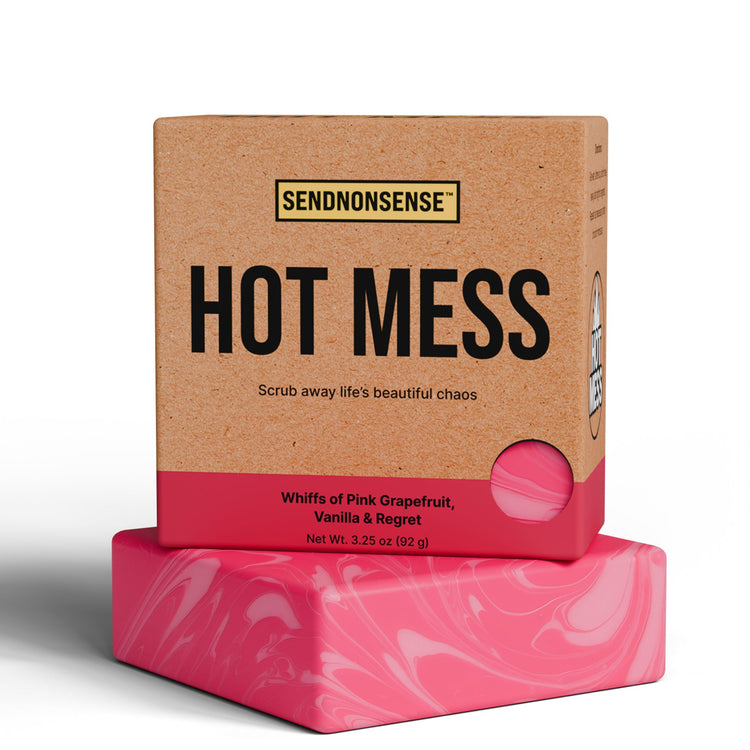 “Hot Mess” gag gift soap bar from SendNonsense, pink design, funny novelty packaging, summer citrus scentbackground