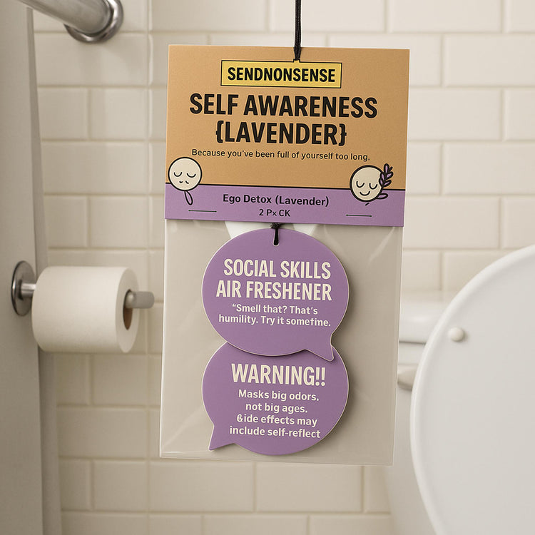 Funny “Self-Awareness” lavender air freshener gag gift with humorous text hanging on bathroom wall décor scene