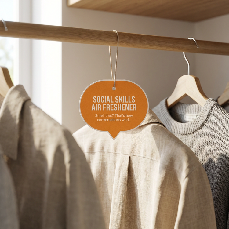Air freshener labeled 'Social Skills Air Freshener' hanging in the closet