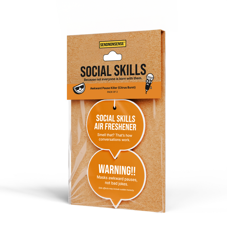 Packaging of a social skills air freshener with humorous text