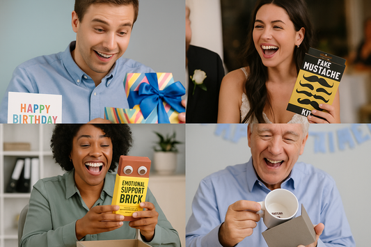Gag gifts from SendNonsense for multiple occasions with people laughing
