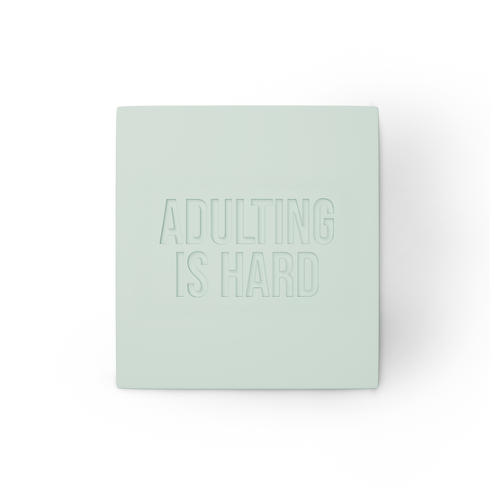 Adulting is Hard soap unboxed with "Adulting is Hard" stamp