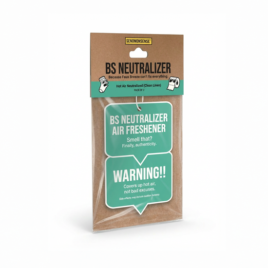 BS Neutralizer air freshener packaging with humorous text front and back
